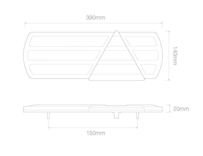 achterlicht Set 40cm kabel 390 x 140 x 20mm horizontaal remlicht knipperlicht  Mistlicht Achteruitrijlicht achterlicht lengte driehoek 150mm IP66 12/24 V CE, ECE-R10 / R7 / R6 / R38 / R23 / R3 - Afbeelding 2