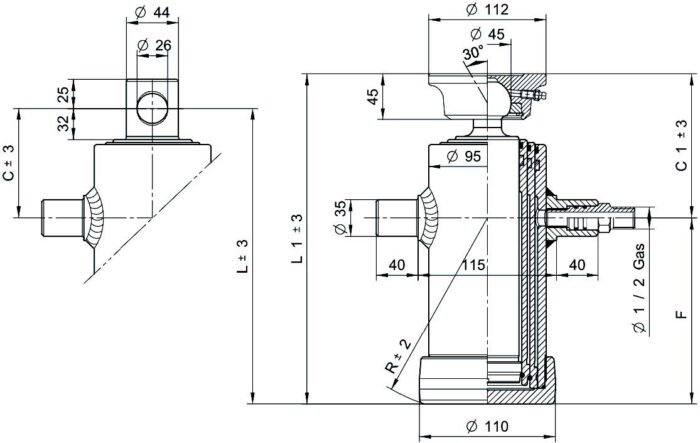 set hefcilinder verzinkt 2036Q 5ton slag 1043mm 3 traps  + verzinkte schroefpan, cardanring, montage-ogen en slangbreukbeveiliging - Afbeelding 2