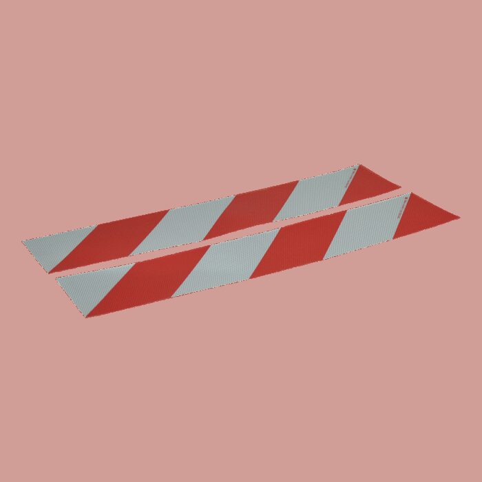 markeringssticker container 705x141 rood / wit, schuin gestreept 4x verticaal links, 4x verticaal rechts