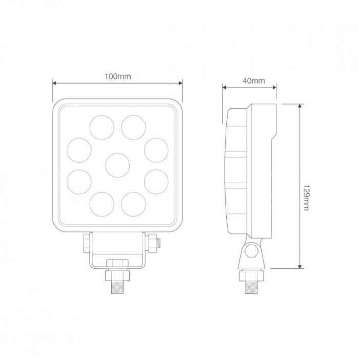 werklamp IP67 / IP69K 9 x 1.5W OSRAM LEDs Ingebouwde AMP-connector 12/24v 13,5 Watt 1710 100 x 100 x 40mm ECE-R23 Breedstraler Bij 13,8 Volt / 1,1A Bij 28 Volt / 0,5A CE, ECE-R10 / R23  wit  Aluminium Zwart Polycarbonaat - Afbeelding 4