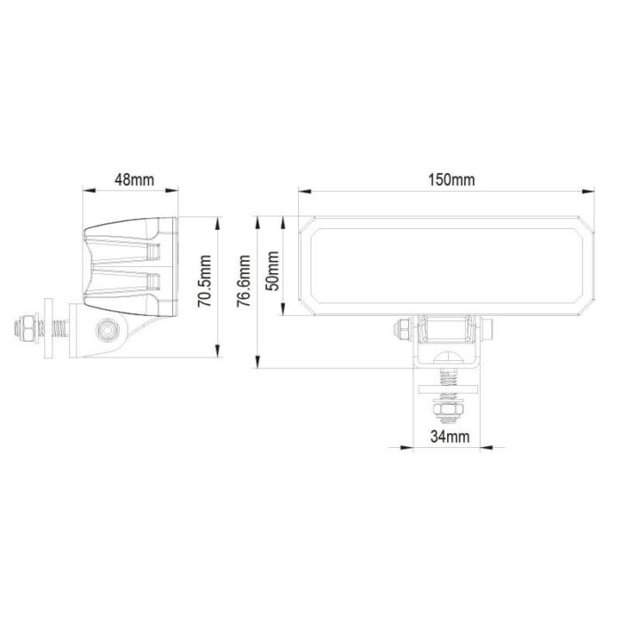 LED werklamp IP69K 8 x 3W ETI LED's 400mm kabel met Deutsch-connector 9/36 V 24 Watt 2600lm 150 x 50 x 48mm ECE-R23 Driving Beam Bij 12 Volt / 12,00A Bij 24 Volt 5,20A CE, ECE-R10 3000 lux@ 10m / 0,25 lux@ 1095m wit 60 graden Aluminium Zwart Polycarbonaat - Afbeelding 4