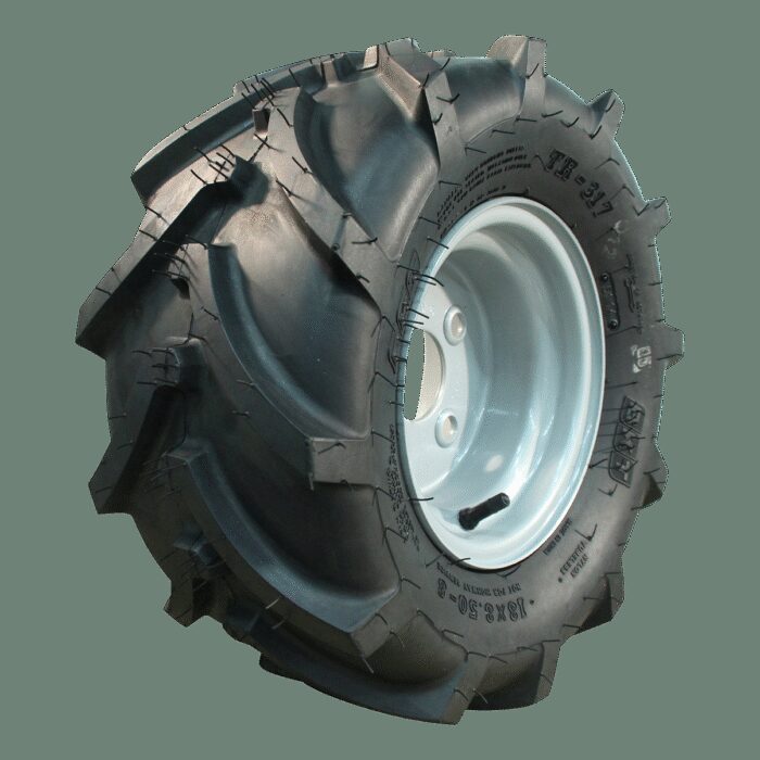 luchtband + wiel 18x8.5-8 TR-317 4PR + 5.50x8H2 ET0 60/100/4 staal grijs rechts